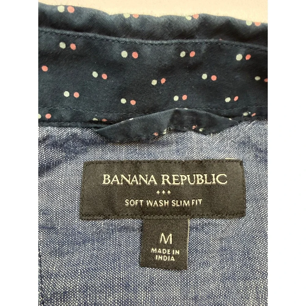 BANANA REPUBLIC Mens Medium Slim Navy Pink Polka Dot Short Sleeve Button Up Z15
